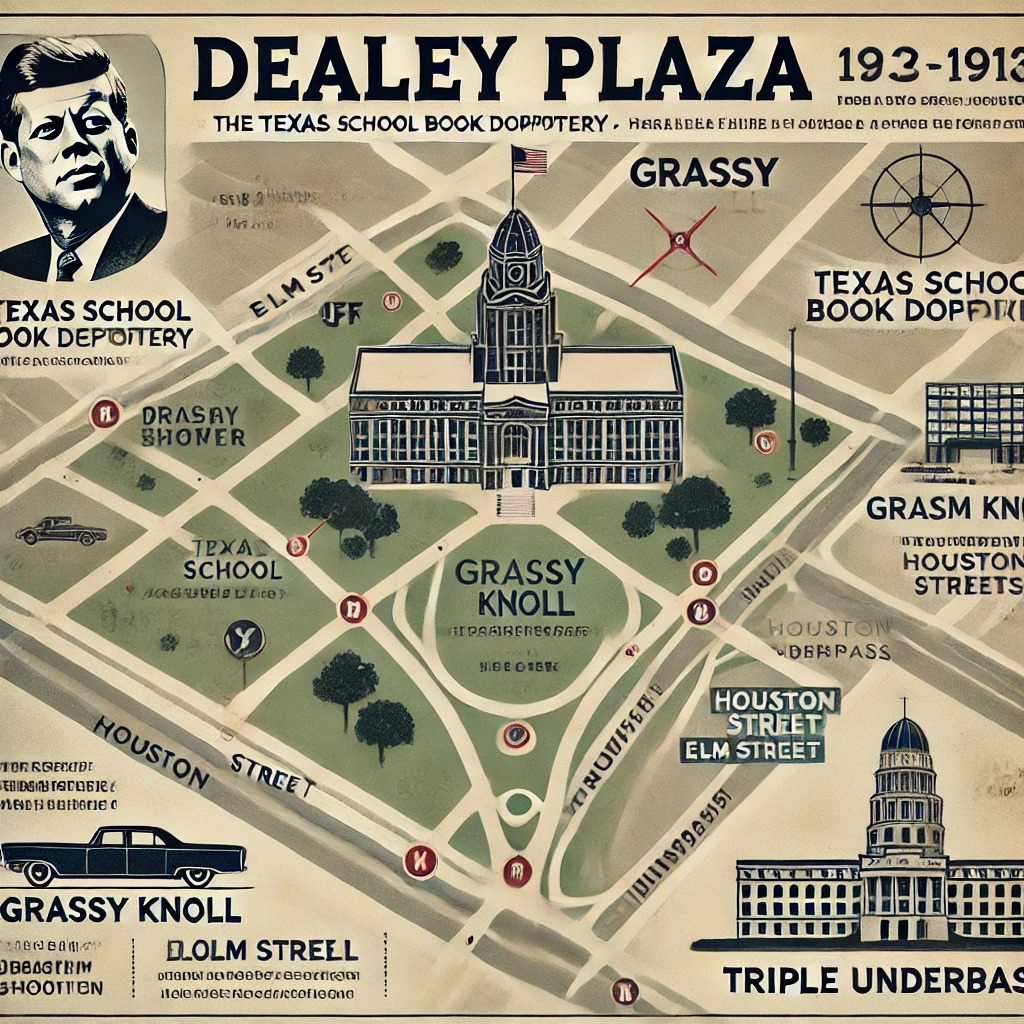 An updated map of Dealey Plaza, highlighting key locations and witness positions during JFK's assassination, including the Texas School Book Depository and Grassy Knoll.