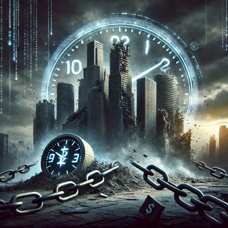 Crumbling skyscrapers wrapped in broken chains, with a countdown clock at “00:00” under a stormy sky, symbolizing the collapse of the global economy and the weight of debt.