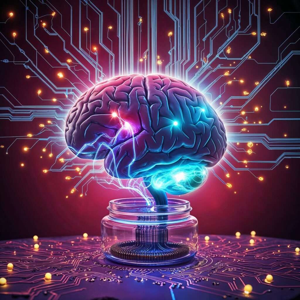Write concise ALT text that accurately describes the image. Example: "A glowing brain encased in a jar, connected to circuits and radiating electrical energy, symbolizing evolution and the intersection of biology and technology."