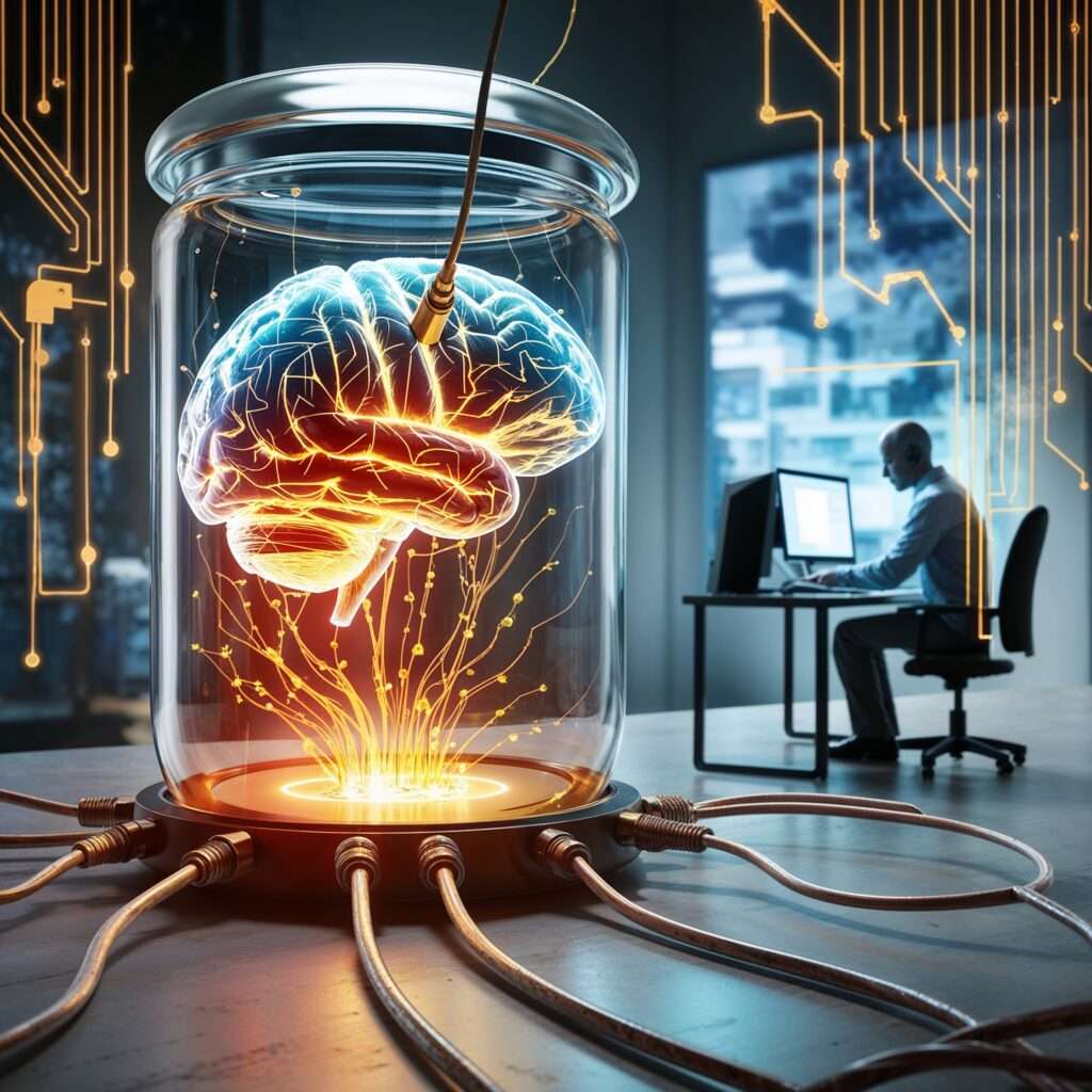 A glowing digital brain in a jar connected by cables, with a human figure working on a computer in the background.