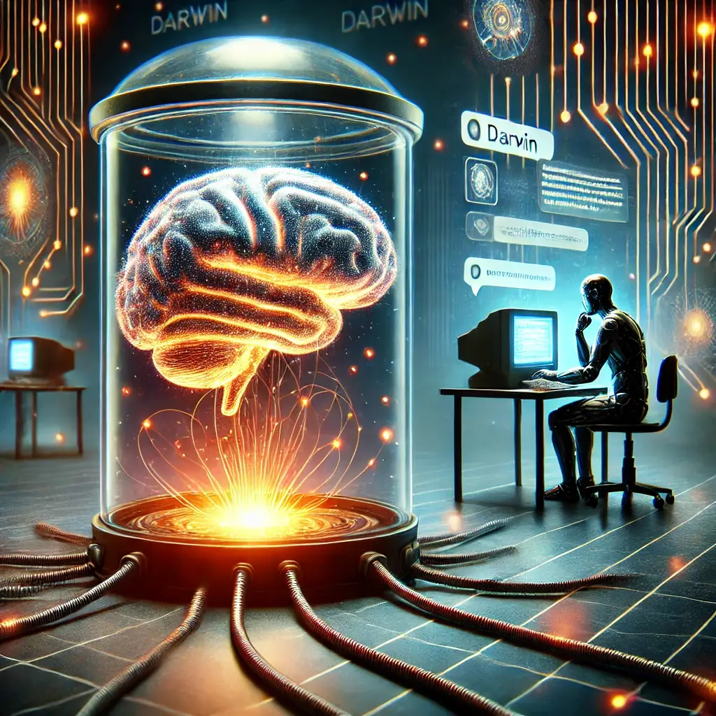 A glowing digital brain in a jar connected by cables, with a human figure working on a computer in the background.