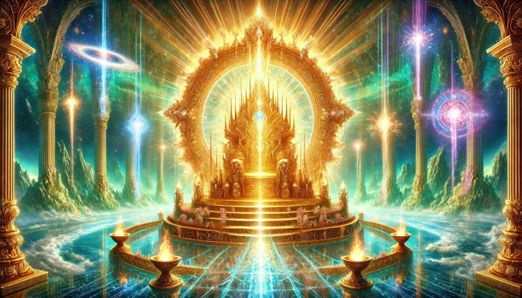 "Hyper-detailed depiction of the Throne of the Kingdom of Heaven based on Revelation. The golden throne is adorned with intricate patterns, surrounded by an emerald rainbow halo. The Sea of Glass lies before it, with lightning flashing from the throne and the River of Life flowing beneath. Seven lamps of fire burn around it, and the throne is encircled by angelic beings and the Four Living Creatures—a lion, an ox, a human-faced figure, and an eagle, each with six wings and eyes."