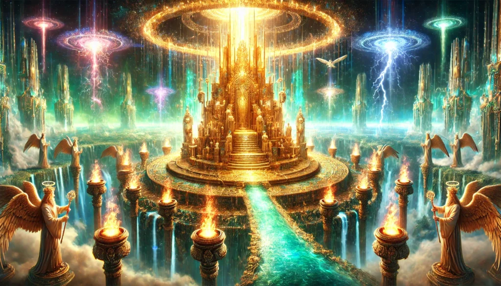 "New perspective of the Throne of the Kingdom of Heaven from a lower angle, capturing its towering golden structure adorned with intricate carvings. An emerald rainbow forms a radiant halo around the throne, with the Sea of Glass reflecting divine light. The River of Life flows from beneath, surrounded by seven lamps of fire symbolizing the seven spirits of God. Lightning arcs through the sky, and the throne is encircled by angelic beings and the Four Living Creatures—a lion, ox, human-faced figure, and eagle—covered with glowing eyes."