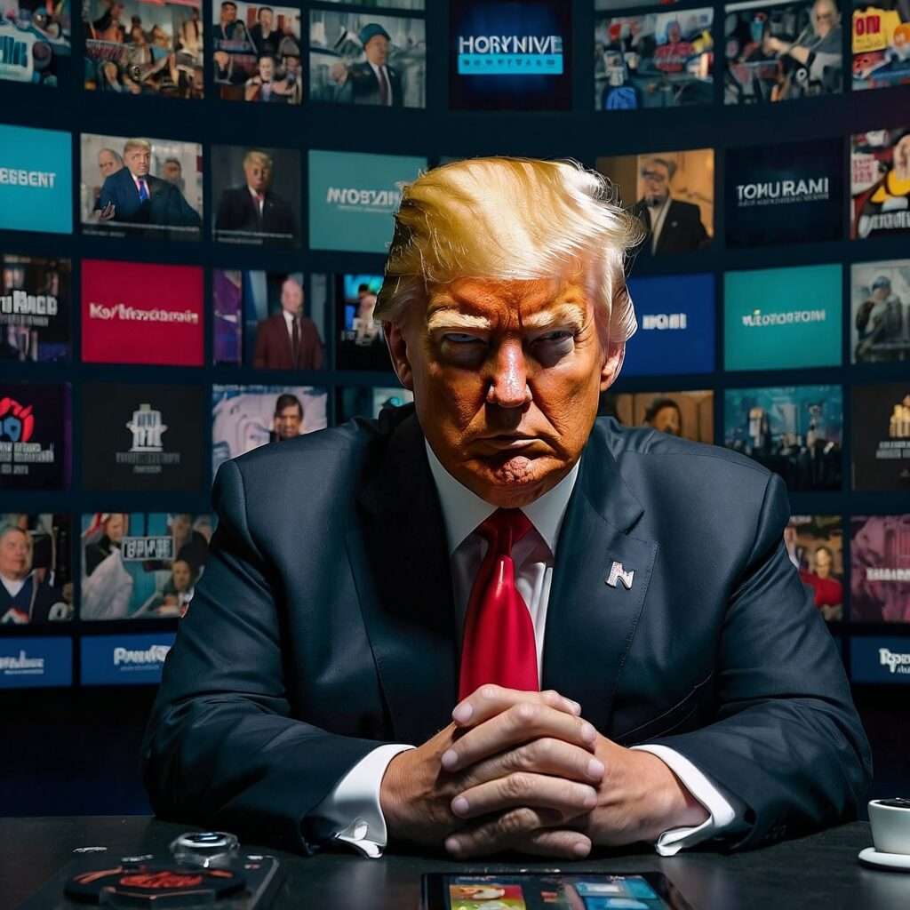 "Donald Trump surrounded by screens showcasing his 2024 interview and media appearances, highlighting his campaign's media strategy."