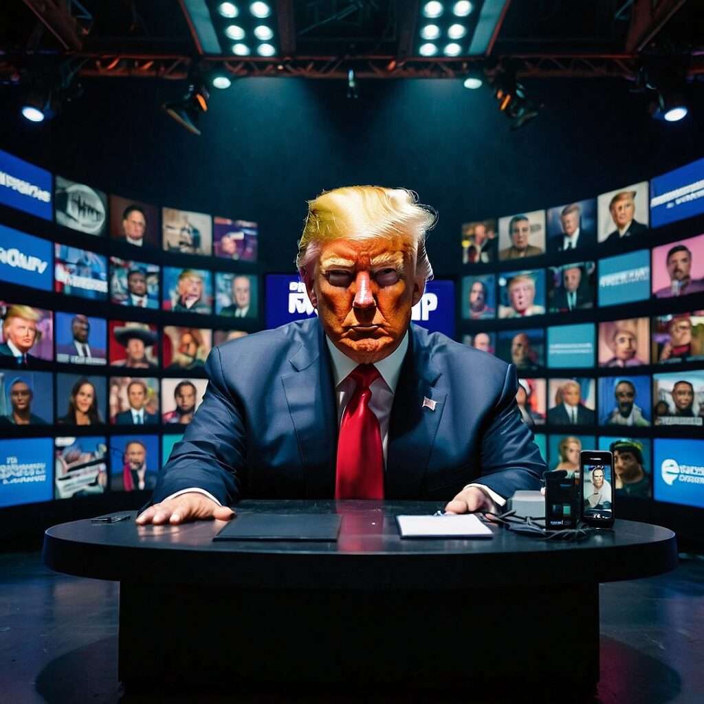 "Donald Trump in a broadcast studio with screens showing his 2024 podcast and rally highlights, symbolizing his media engagement."