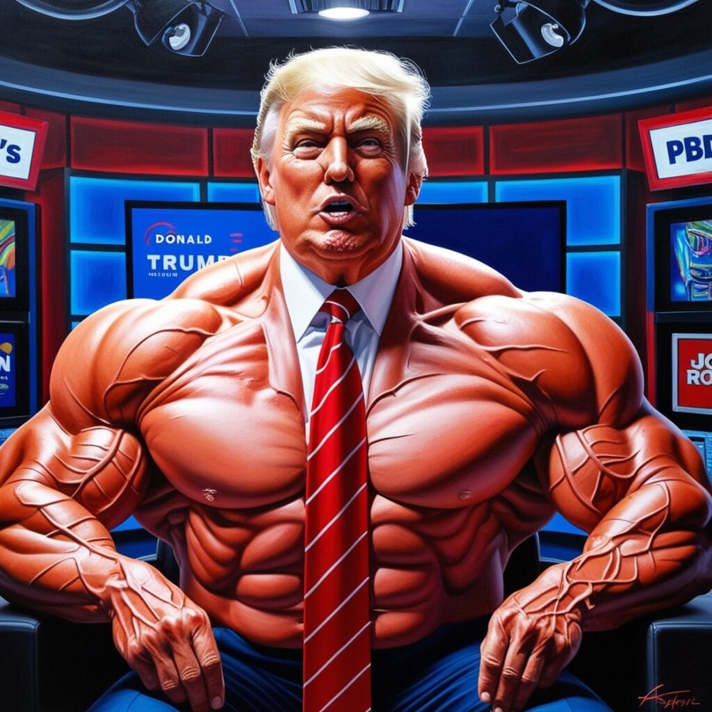 "Donald Trump at a podcast interview, depicted with a towering, muscular physique resembling an Olympic bodybuilder."