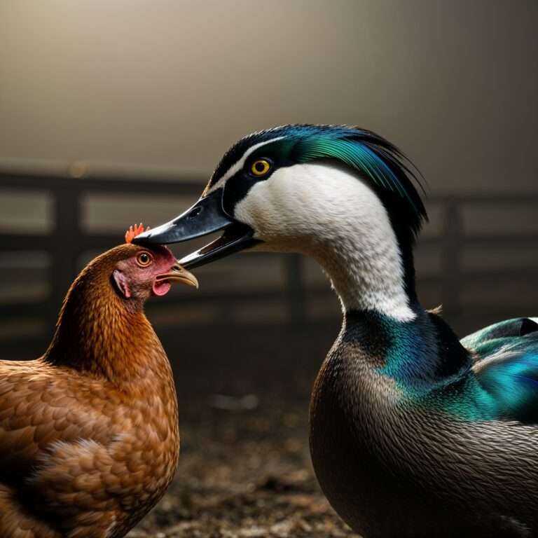 A drake and a chicken closely interacting in a backyard, showing natural flock dynamics.