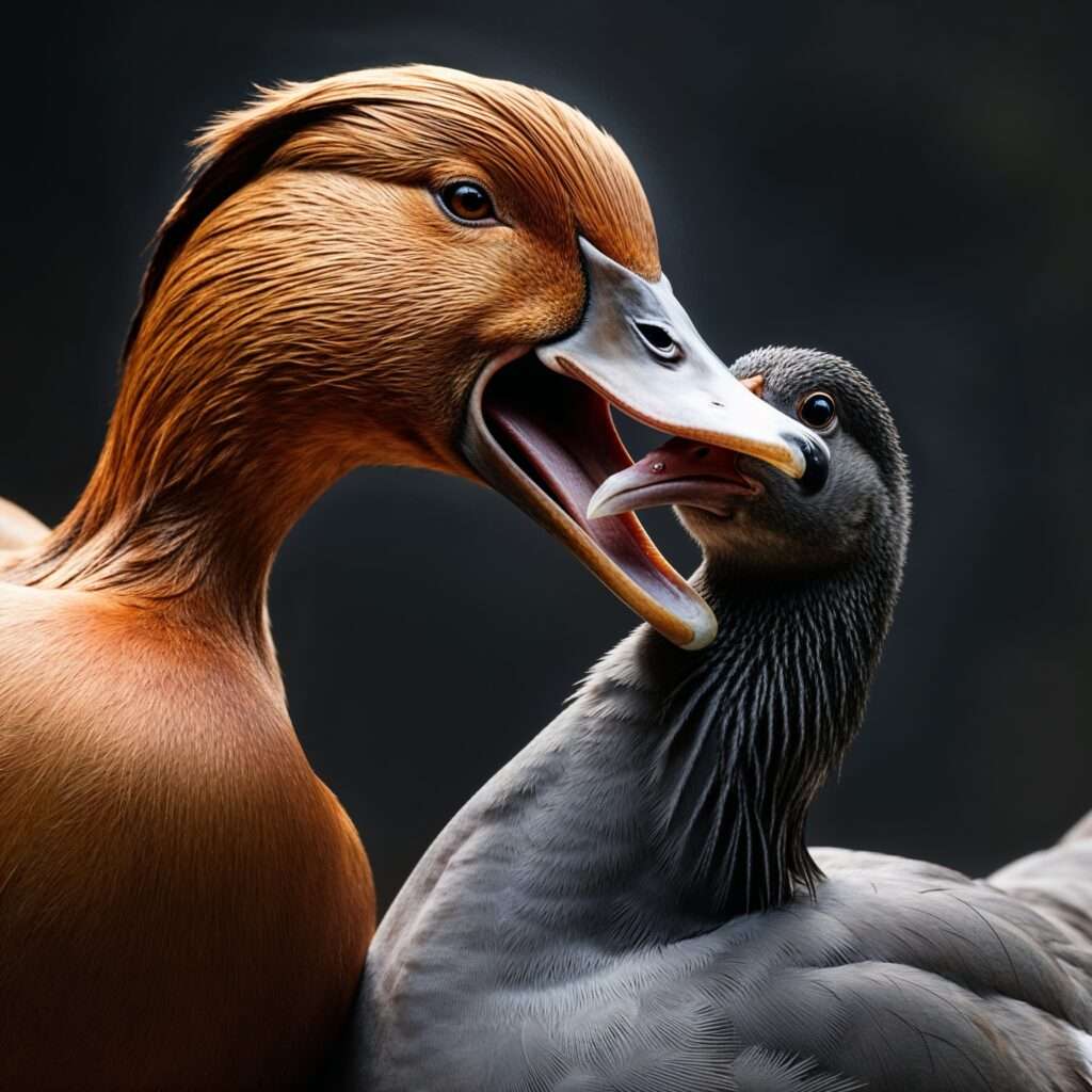 A drake in a backyard setting, gently engaging with a chicken as part of mixed flock dynamics.