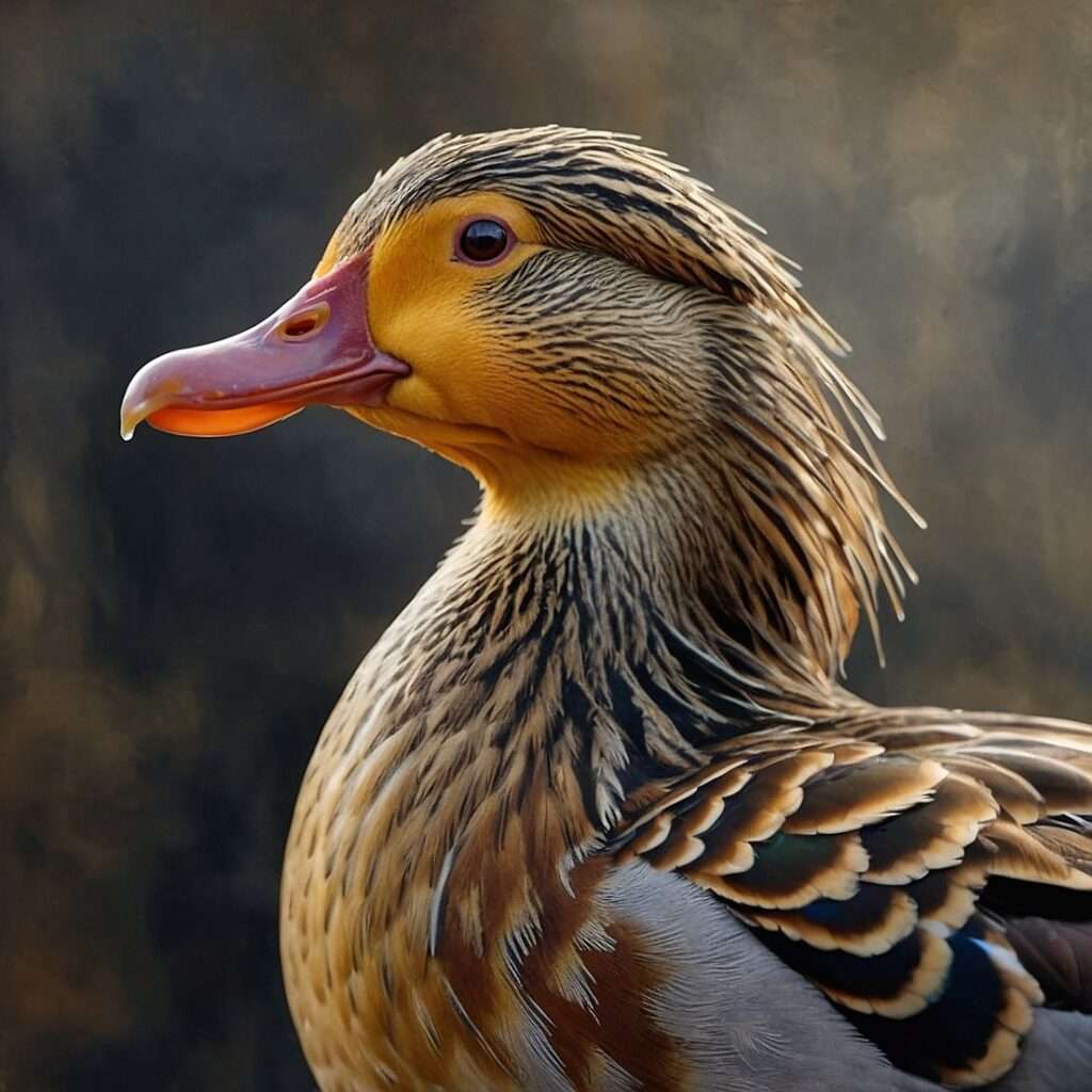 A close-up portrait of a golden-brown drake in a backyard setting, highlighting his vibrant plumage.