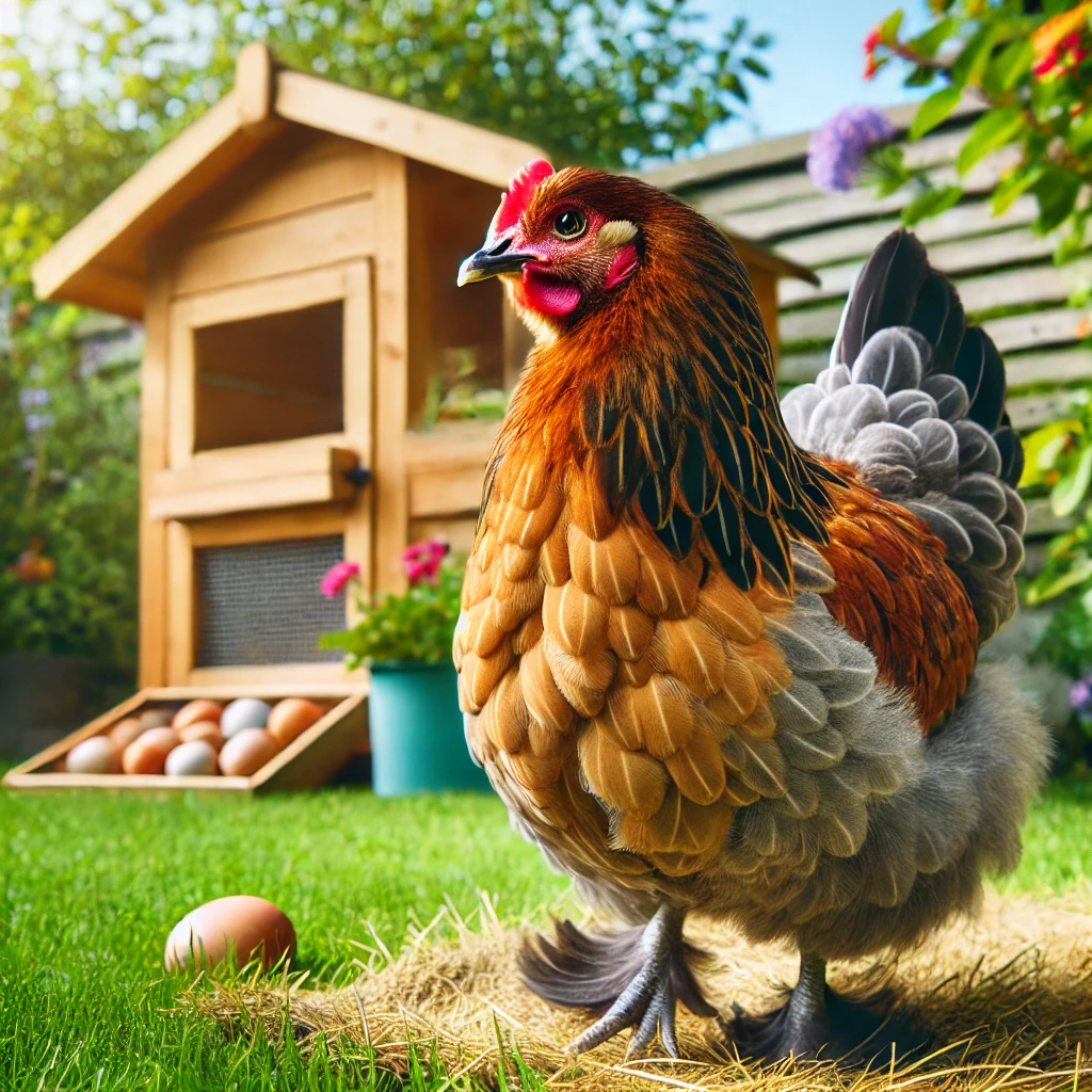 "Easter Egger chicken with multicolored feathers in a sunny backyard near a wooden coop."

