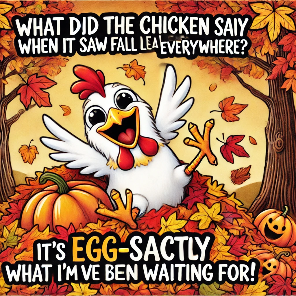 "Excited chicken jumping into a pile of fall leaves with a joyful expression and colorful autumn background."