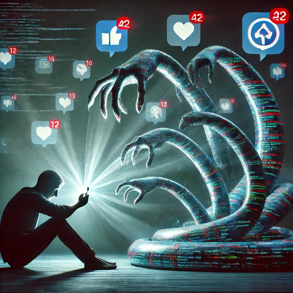 A person reaches for a smartphone, surrounded by digital serpents and ghostly fruit marked with app icons, symbolizing endless temptation and distraction.