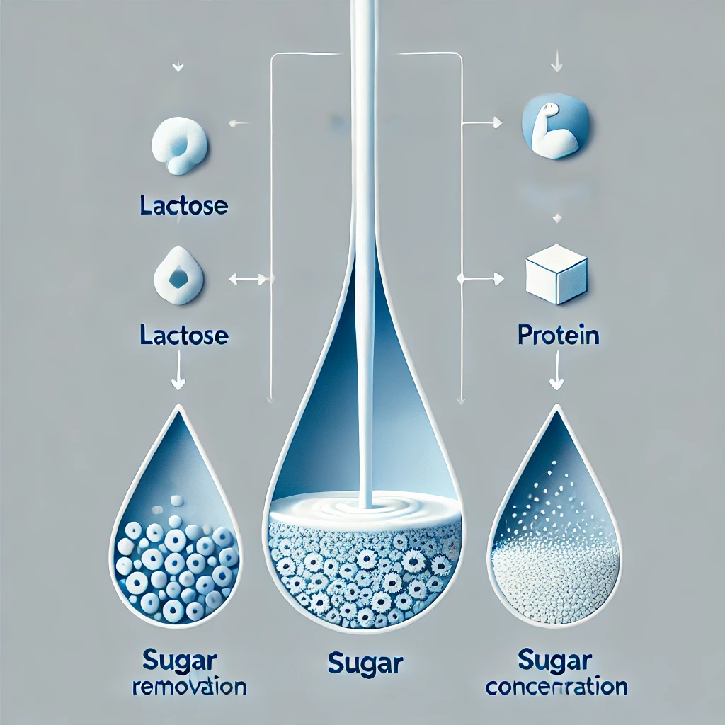 Illustration showing Fairlife’s filtration process for ultra-filtered milk. The top-to-bottom flow demonstrates lactose removal, protein concentration, and sugar reduction, resulting in a pure milk droplet with enhanced benefits for fitness and recovery.