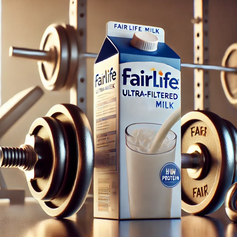 Fairlife Ultra-Filtered Milk carton placed next to gym weights, symbolizing the connection between high-protein nutrition and fitness.