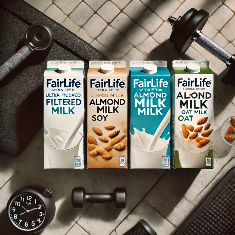 A flat lay of Fairlife Ultra-Filtered Milk, soy milk, almond milk, and oat milk on a workout bench with small gym accessories like resistance bands and dumbbells, representing the comparison of lactose-free options for fitness enthusiasts.