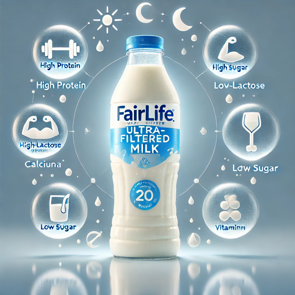 eatured image of Fairlife Ultra-Filtered Milk bottle with icons highlighting benefits like high protein, lactose-free, and low sugar content for fitness and muscle recovery