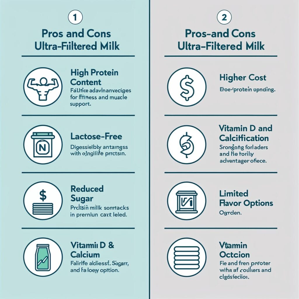 Side-by-side infographic showing pros and cons of Fairlife Ultra-Filtered Milk. Pros include high protein, lactose-free, reduced sugar, and fortified vitamins. Cons include higher cost, limited flavor options, and availability.