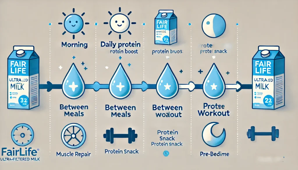 Horizontal timeline showing optimal times to drink Fairlife Ultra-Filtered Milk for fitness benefits, including morning, between meals, post-workout, and pre-bedtime. Each point features icons for different times of day, like a sun, snack, dumbbell, and moon, to represent specific uses.