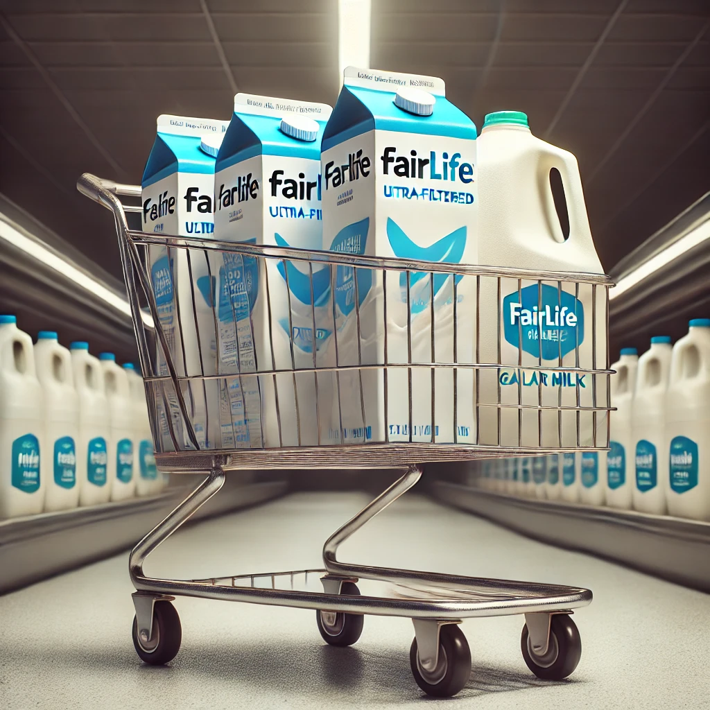 A shopping cart with Fairlife Ultra-Filtered Milk cartons on one side and gallon jugs of regular milk on the other, symbolizing the comparison between higher protein content and affordability.