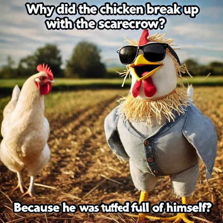 "Sassy chicken meme in a fall pumpkin patch with a scarecrow, illustrating the punchline 'Because he was stuffed full of himself.'"