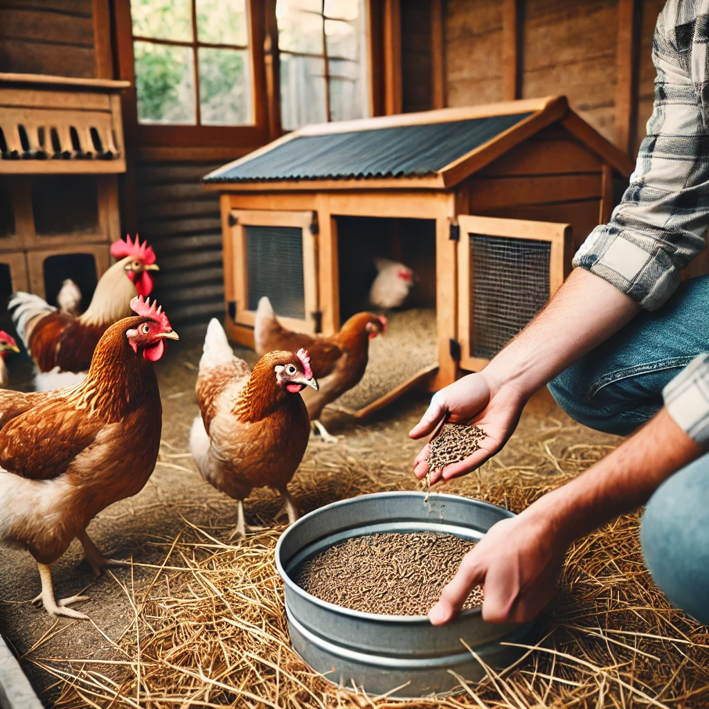 "Person feeding backyard chickens in a tidy coop, highlighting the daily care routine."
