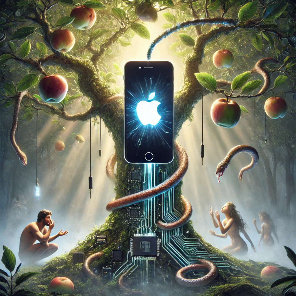 A smartphone with a glowing bitten apple logo hangs from a tree made of circuits and wood, casting serpent-like shadows in a surreal, misty garden.