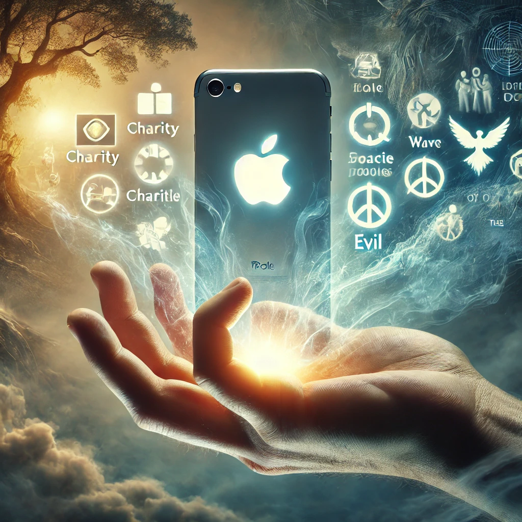 A smartphone with a bitten apple logo in a hand, surrounded by holographic symbols representing knowledge of good and evil.