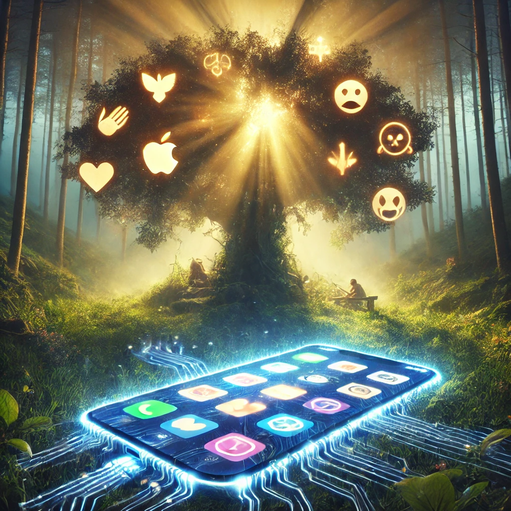 A glowing smartphone with a bitten apple logo rests in lush greenery, surrounded by branches that blend wood and circuitry, symbolizing technology as the new Tree of Knowledge.