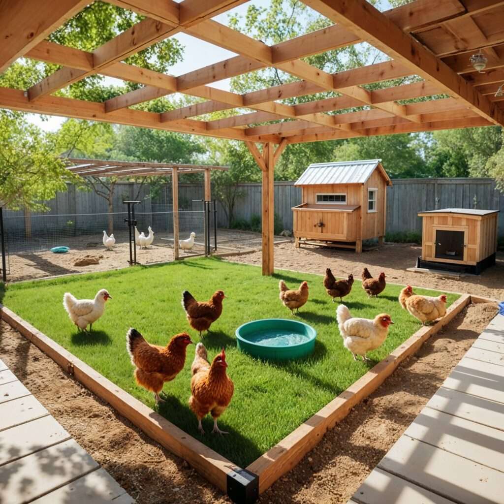 An open backyard setup for free-range chickens featuring grass, shaded areas, secure fencing, a water station, and a small chicken coop.