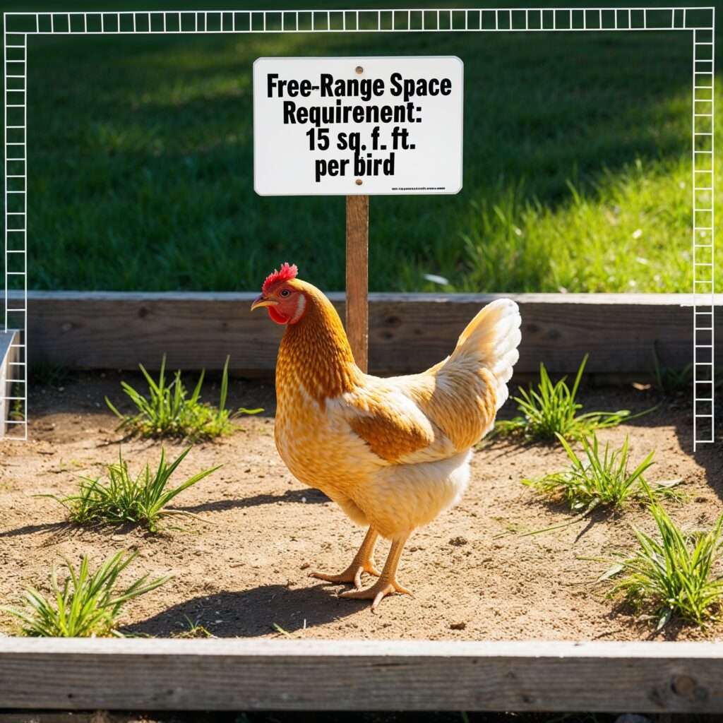 A Leghorn chicken in a 15 square foot outdoor area, illustrating the free-range space requirement per bird.