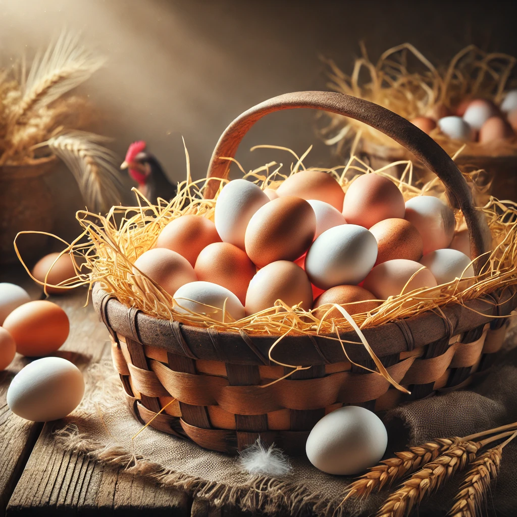 Freshly laid eggs in a rustic basket, showcasing the benefits of raising backyard chickens.