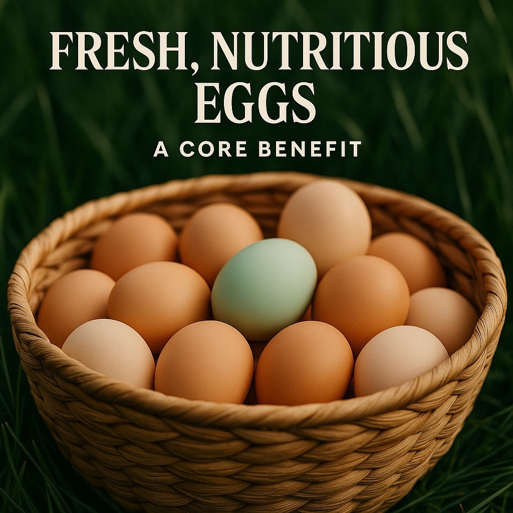 Wicker basket filled with fresh backyard eggs of various colors on green grass, symbolizing healthy and natural food