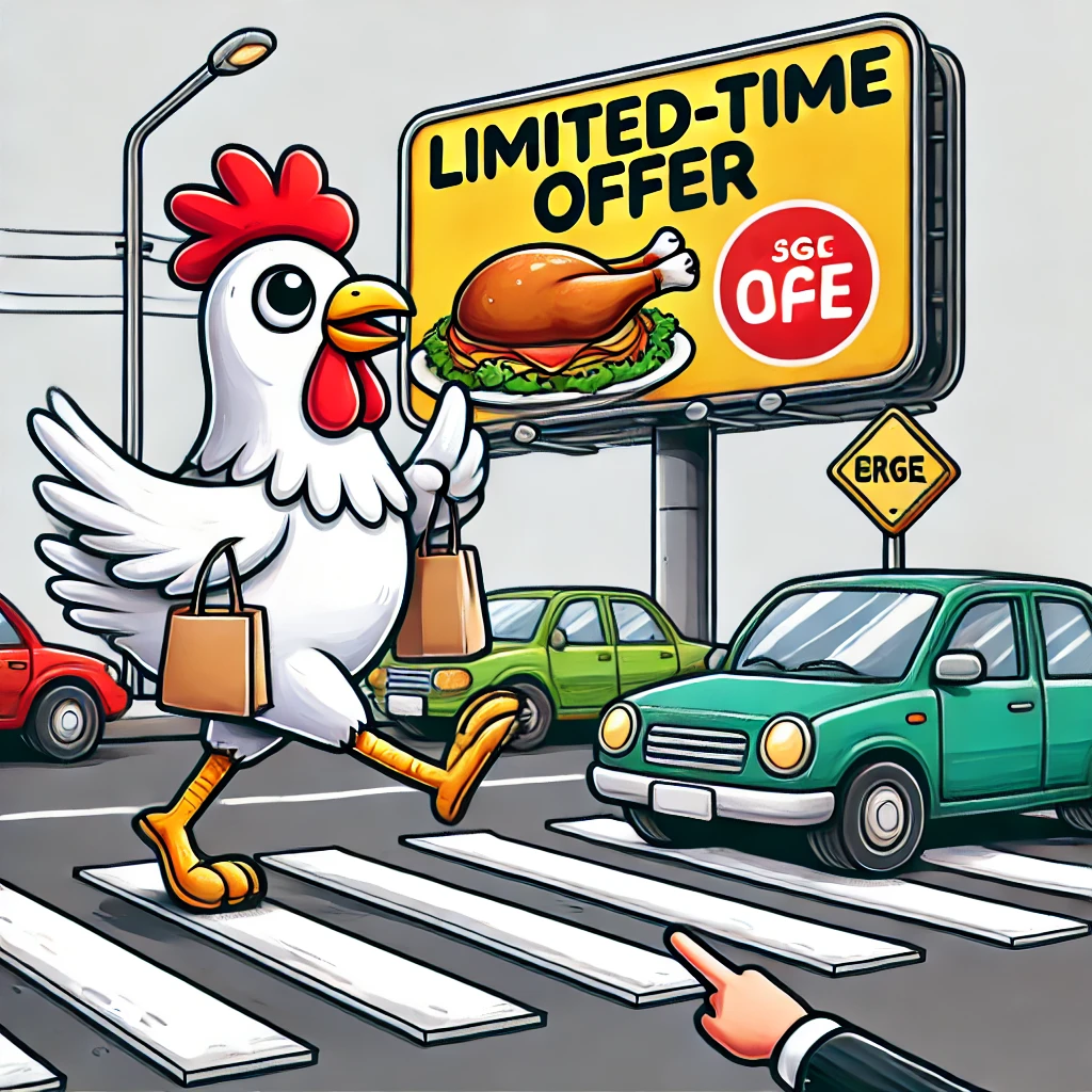 "A humorous cartoon-style illustration of a chicken crossing the road towards a bright, colorful 'Limited-Time Offer' billboard featuring a roasted chicken. The chicken carries shopping bags and looks determined, while cars stop abruptly in the background."

