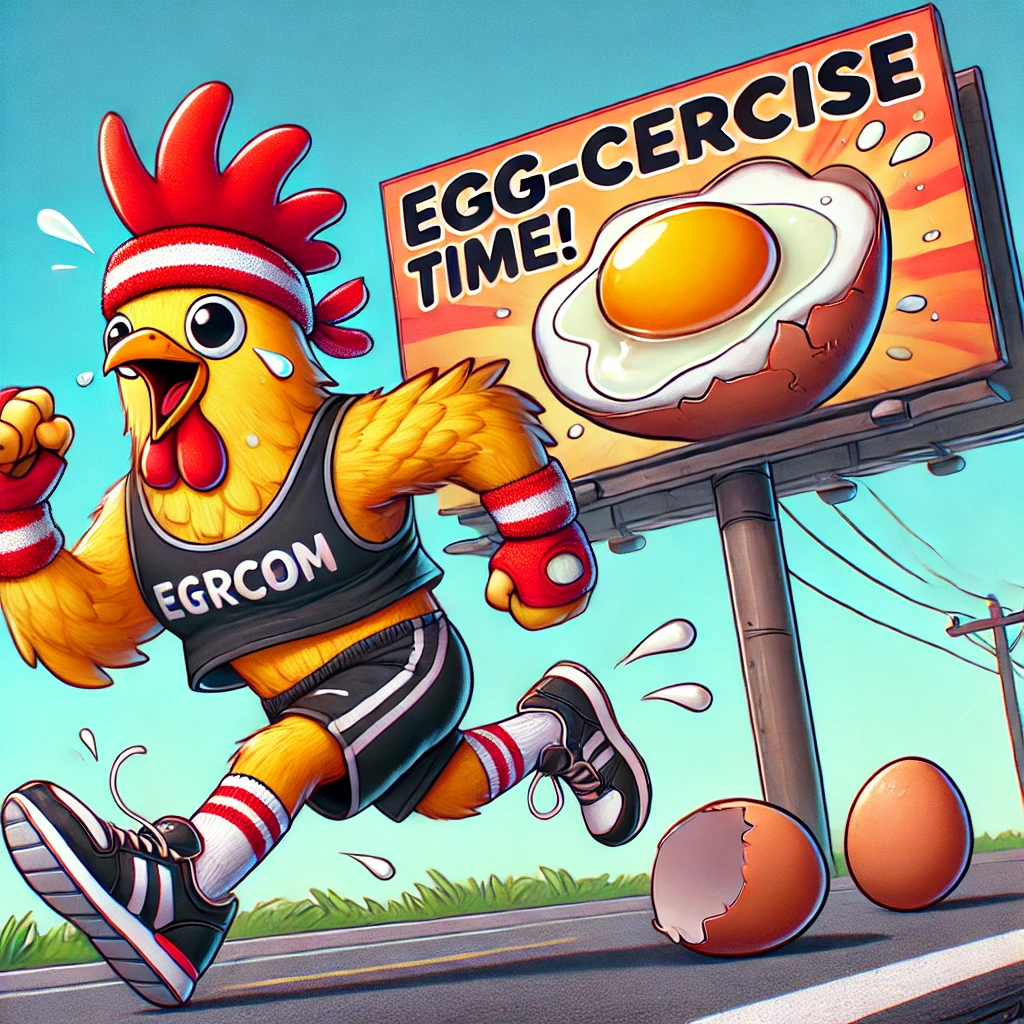 "A humorous cartoon-style illustration of a chicken dressed in workout gear, including a headband, tank top, and sneakers, running determinedly across a road. The background features a bright billboard that reads 'Egg-cercise Time!' with a cracked egg graphic, adding a playful fitness twist."

