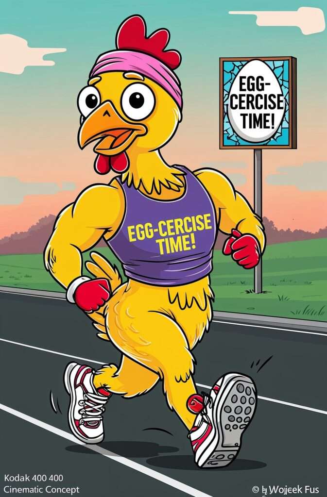 "A humorous cartoon-style illustration of a chicken dressed in workout gear, including a headband, tank top, and sneakers, running determinedly across a road. The background features a bright billboard that reads 'Egg-cercise Time!' with a cracked egg graphic, adding a playful fitness twist."