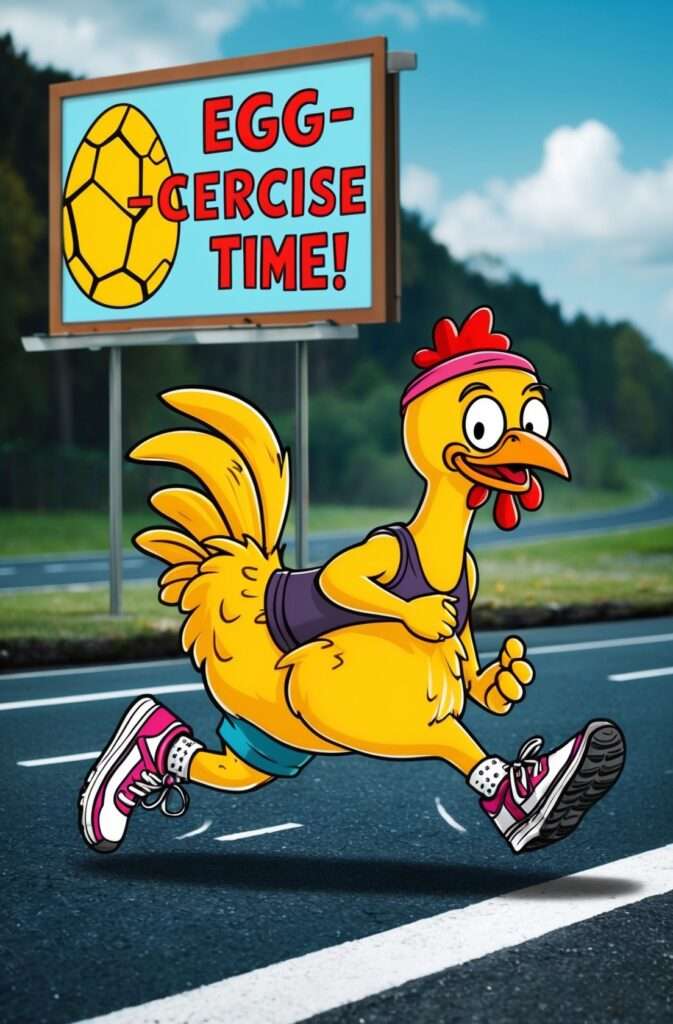 "A humorous cartoon-style illustration of a chicken dressed in workout gear, including a headband, tank top, and sneakers, running determinedly across a road. The background features a bright billboard that reads 'Egg-cercise Time!' with a cracked egg graphic, adding a playful fitness twist."