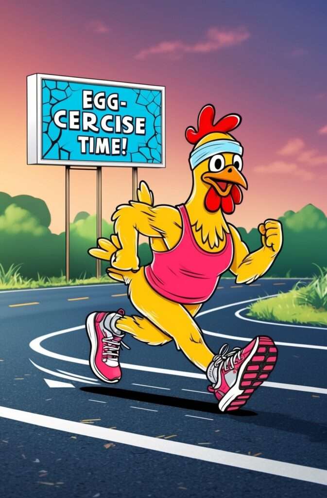 "A humorous cartoon-style illustration of a chicken dressed in workout gear, including a headband, tank top, and sneakers, running determinedly across a road. The background features a bright billboard that reads 'Egg-cercise Time!' with a cracked egg graphic, adding a playful fitness twist."