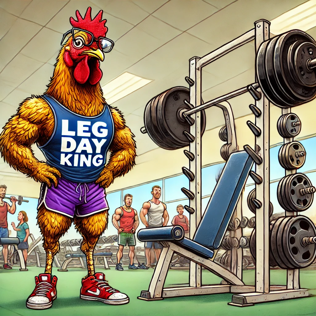 "A humorous cartoon-style illustration of a chicken in a gym with hilariously muscular, oversized chicken legs and a tiny upper body. The chicken wears workout shorts, sneakers, and a tank top that says 'Leg Day King.' It stands proudly next to a squat rack loaded with weights while gym members in the background look on in amazement, adding a comedic twist to leg day dedication."

