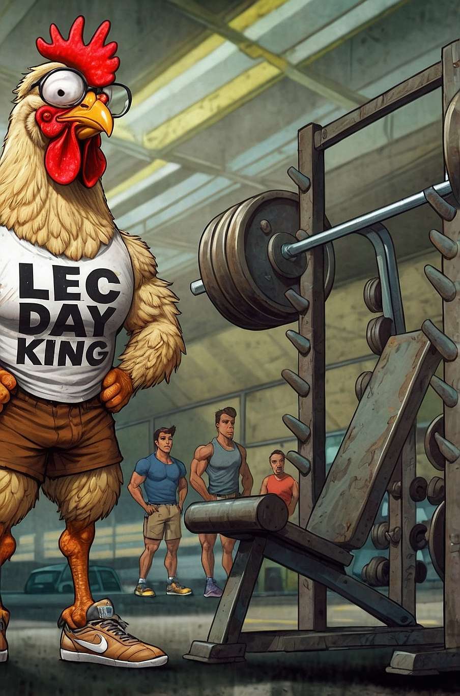 "A humorous cartoon-style illustration of a chicken in a gym with hilariously muscular, oversized chicken legs and a tiny upper body. The chicken wears workout shorts, sneakers, and a tank top that says 'Leg Day King.' It stands proudly next to a squat rack loaded with weights while gym members in the background look on in amazement, adding a comedic twist to leg day dedication."