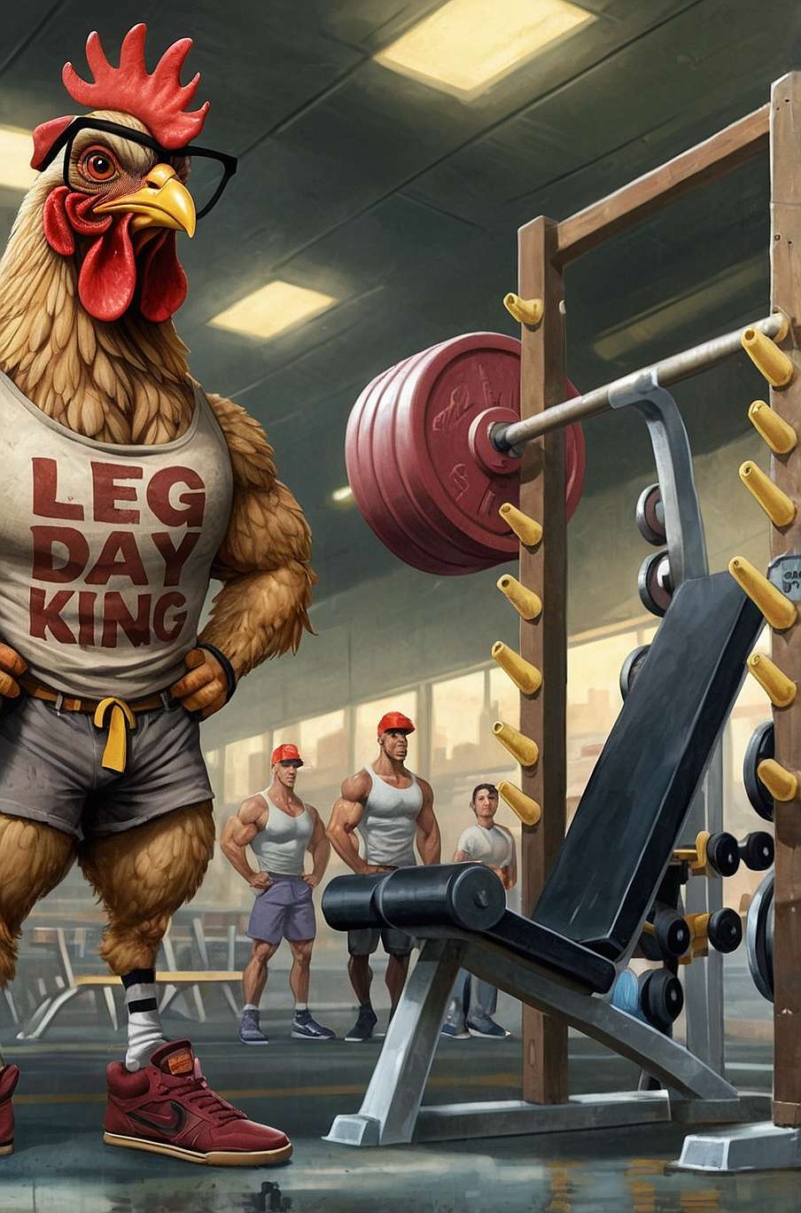 "A humorous cartoon-style illustration of a chicken in a gym with hilariously muscular, oversized chicken legs and a tiny upper body. The chicken wears workout shorts, sneakers, and a tank top that says 'Leg Day King.' It stands proudly next to a squat rack loaded with weights while gym members in the background look on in amazement, adding a comedic twist to leg day dedication."