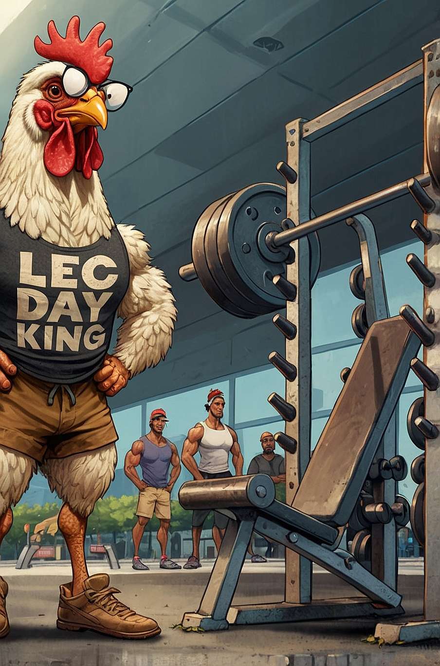 "A humorous cartoon-style illustration of a chicken in a gym with hilariously muscular, oversized chicken legs and a tiny upper body. The chicken wears workout shorts, sneakers, and a tank top that says 'Leg Day King.' It stands proudly next to a squat rack loaded with weights while gym members in the background look on in amazement, adding a comedic twist to leg day dedication."