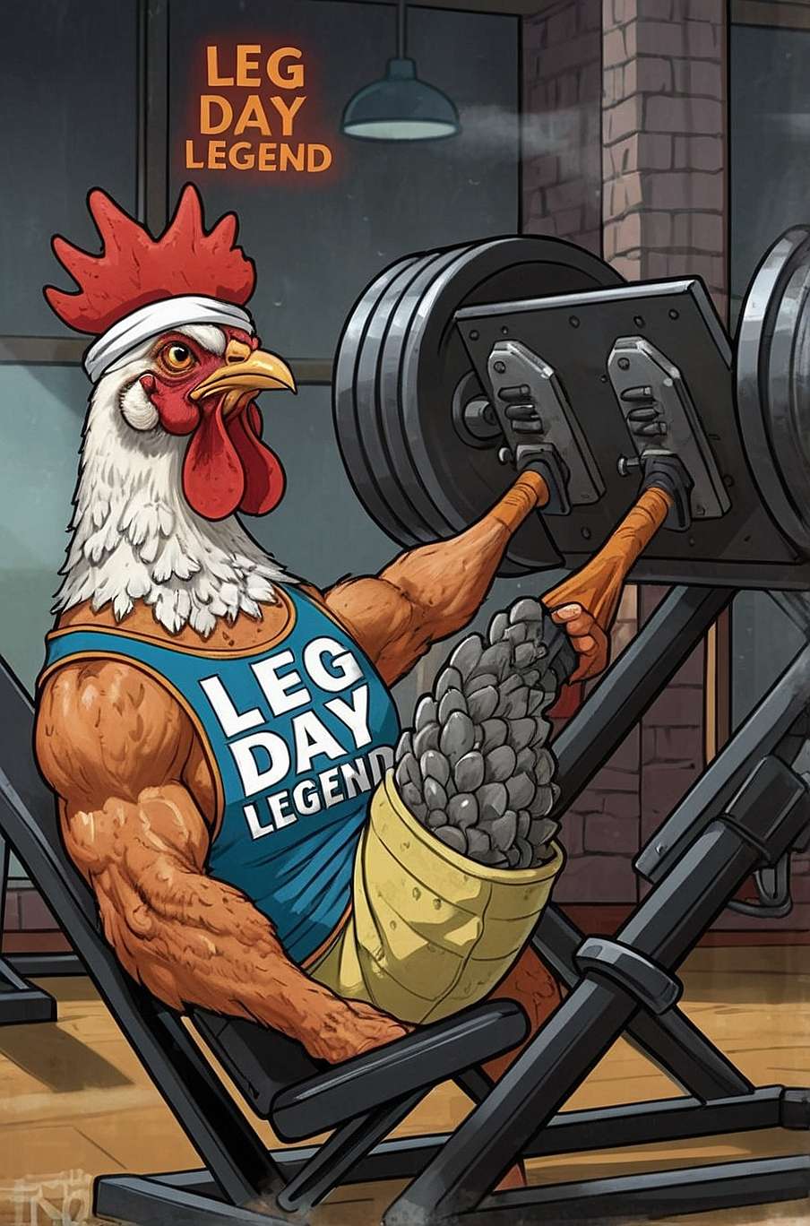 A funny cartoon-style illustration of a chicken in a gym using a leg press machine to effortlessly lift 1,000 lbs of weights. The chicken has hilariously oversized muscular legs and a tiny, weak upper body. It wears a tank top that says 'Leg Day Legend' and a headband. Nearby gym-goers, including a shocked bodybuilder and a stunned fitness trainer, stare in disbelief. The gym setting includes treadmills, dumbbells, and other workout equipment, adding to the humor of this leg day-themed meme.
