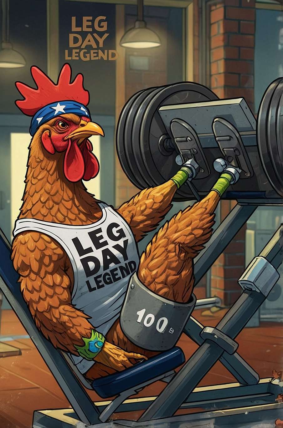 A funny cartoon-style illustration of a chicken in a gym using a leg press machine to effortlessly lift 1,000 lbs of weights. The chicken has hilariously oversized muscular legs and a tiny, weak upper body. It wears a tank top that says 'Leg Day Legend' and a headband. Nearby gym-goers, including a shocked bodybuilder and a stunned fitness trainer, stare in disbelief. The gym setting includes treadmills, dumbbells, and other workout equipment, adding to the humor of this leg day-themed meme.
