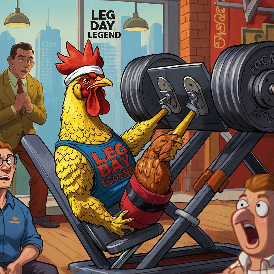 A funny cartoon-style illustration of a chicken in a gym using a leg press machine to effortlessly lift 1,000 lbs of weights. The chicken has hilariously oversized muscular legs and a tiny, weak upper body. It wears a tank top that says 'Leg Day Legend' and a headband. Nearby gym-goers, including a shocked bodybuilder and a stunned fitness trainer, stare in disbelief. The gym setting includes treadmills, dumbbells, and other workout equipment, adding to the humor of this leg day-themed meme.
