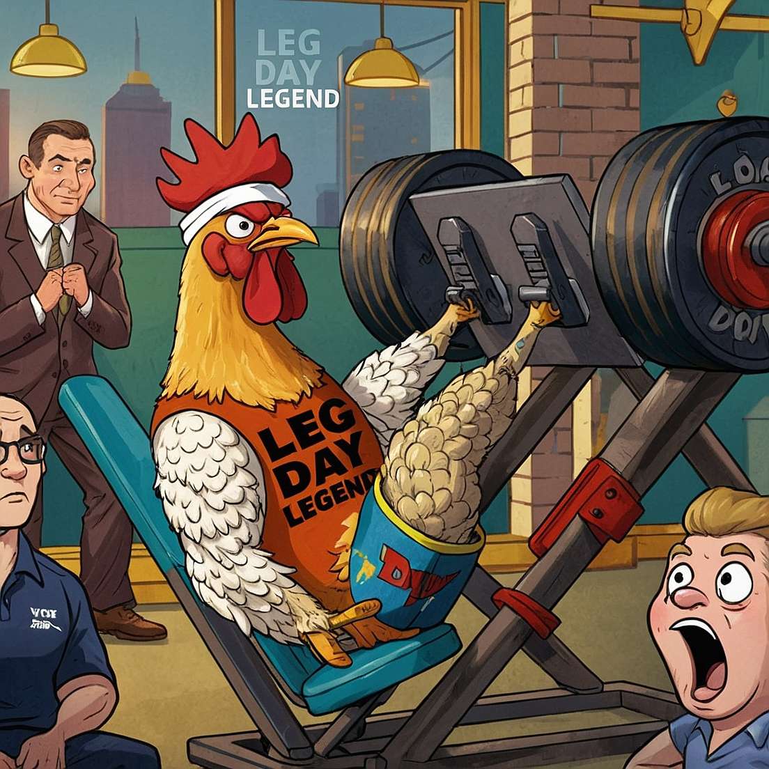 A funny cartoon-style illustration of a chicken in a gym using a leg press machine to effortlessly lift 1,000 lbs of weights. The chicken has hilariously oversized muscular legs and a tiny, weak upper body. It wears a tank top that says 'Leg Day Legend' and a headband. Nearby gym-goers, including a shocked bodybuilder and a stunned fitness trainer, stare in disbelief. The gym setting includes treadmills, dumbbells, and other workout equipment, adding to the humor of this leg day-themed meme.
