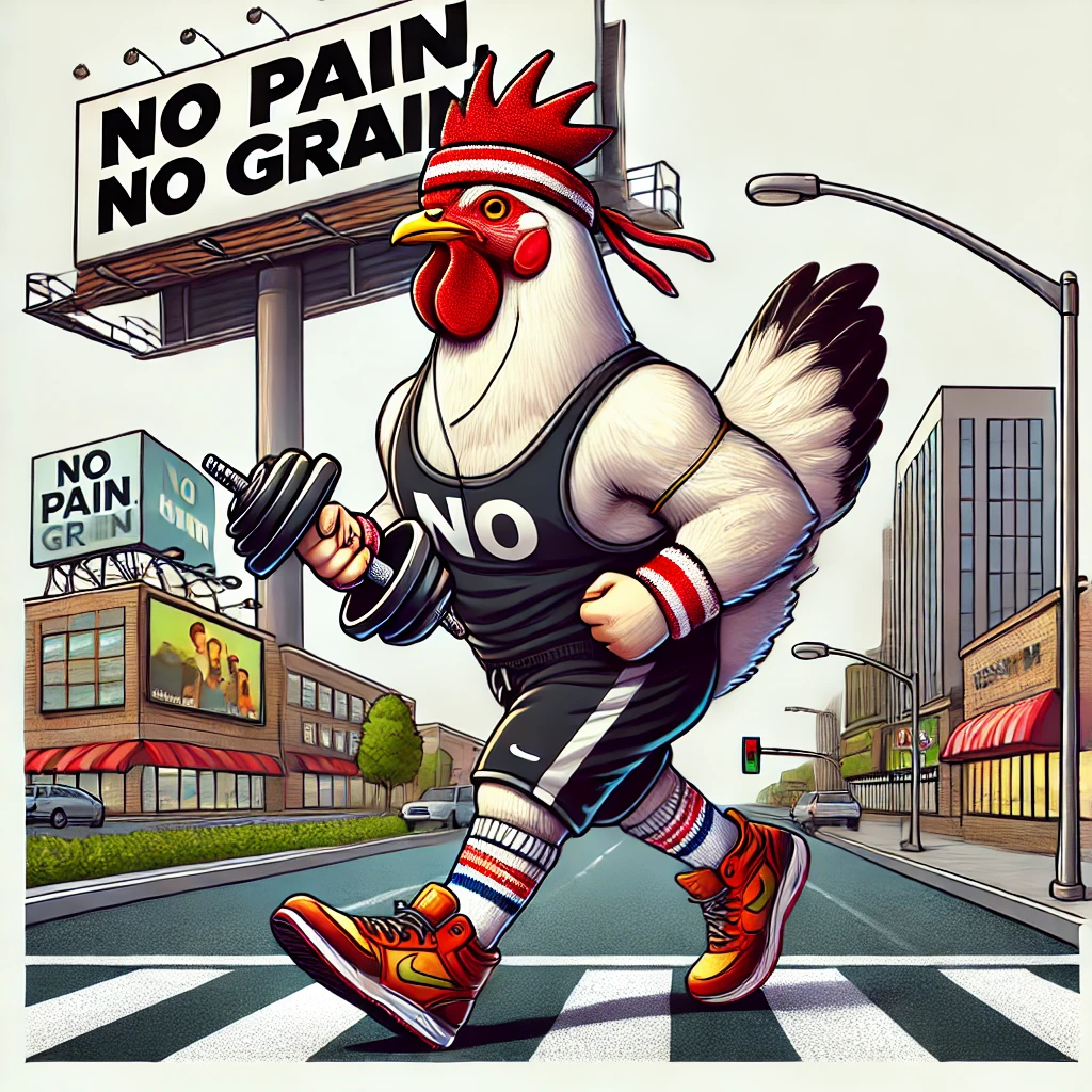 "A humorous cartoon-style illustration of a muscular chicken wearing workout gear, including a headband, sweatbands, and sneakers, running across a road. The chicken holds a dumbbell and wears a tank top that says 'NO.' In the background, there’s a billboard with the phrase 'No Pain, No Grain,' adding a funny fitness twist to the classic chicken crossing the road joke."

