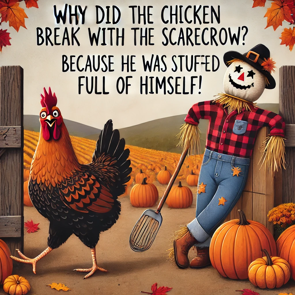 "Fall meme of a chicken walking away from a proud scarecrow in a pumpkin patch with colorful autumn leaves."