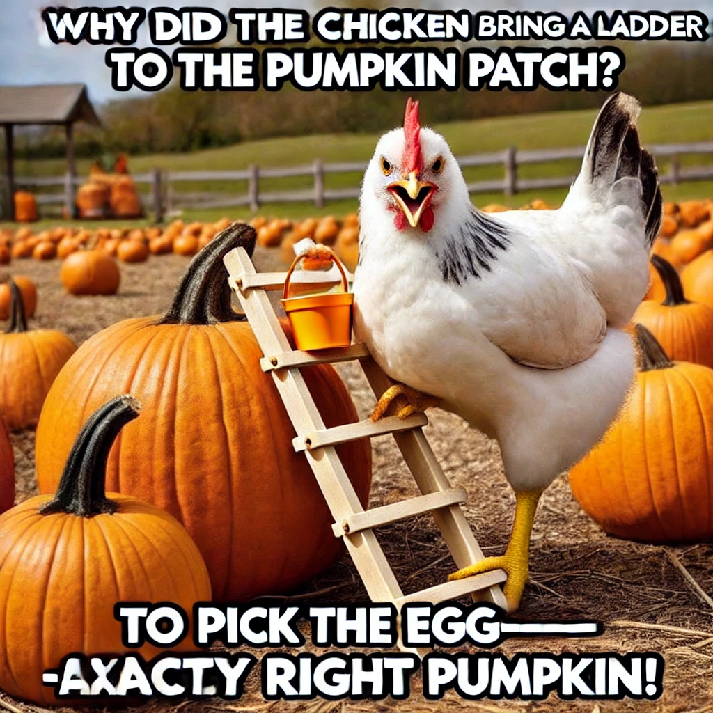 "Fall meme of a determined chicken holding a small ladder in a pumpkin patch with oversized pumpkins."
