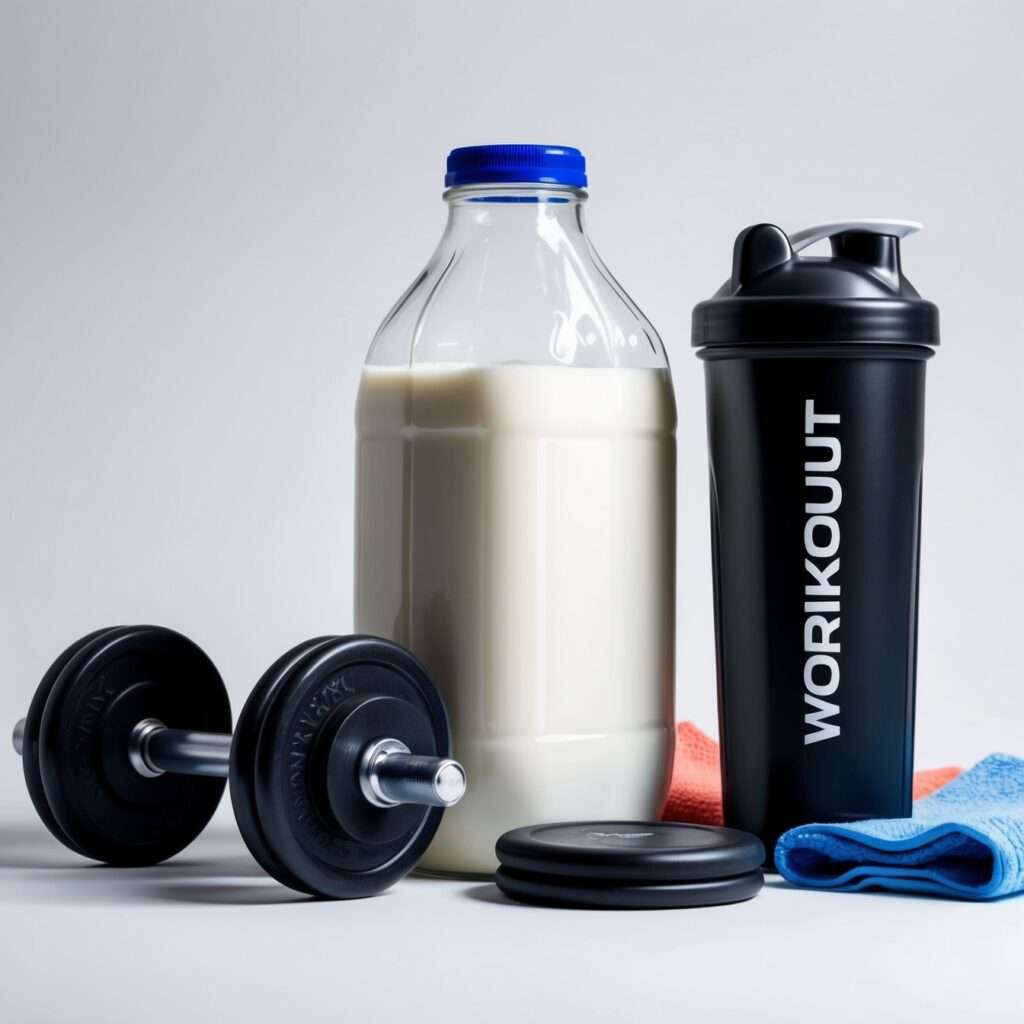 Gallon of milk with workout gear, protein shaker, and dumbbells, symbolizing the role of milk in fitness and muscle building.