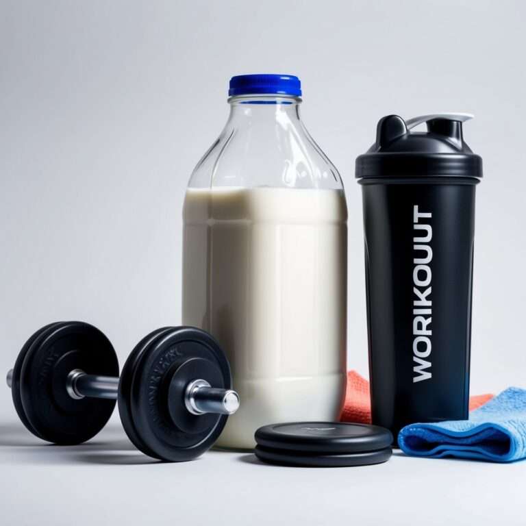 Gallon of milk with workout gear, protein shaker, and dumbbells, symbolizing the role of milk in fitness and muscle building.